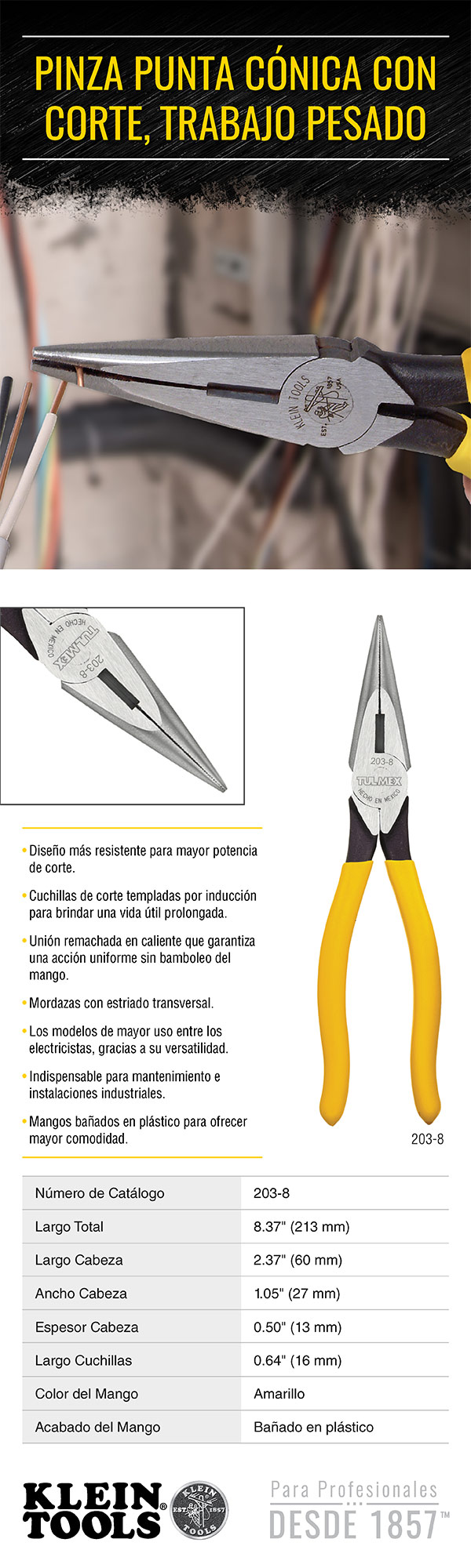 Pinza Punta Cónica Corte Trabajo Pesado Klein Tools